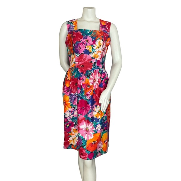 Vintage Floral Dress Sheath Vibrant Convertible Collar Square Neck Petite Lanz - Picture 3 of 16